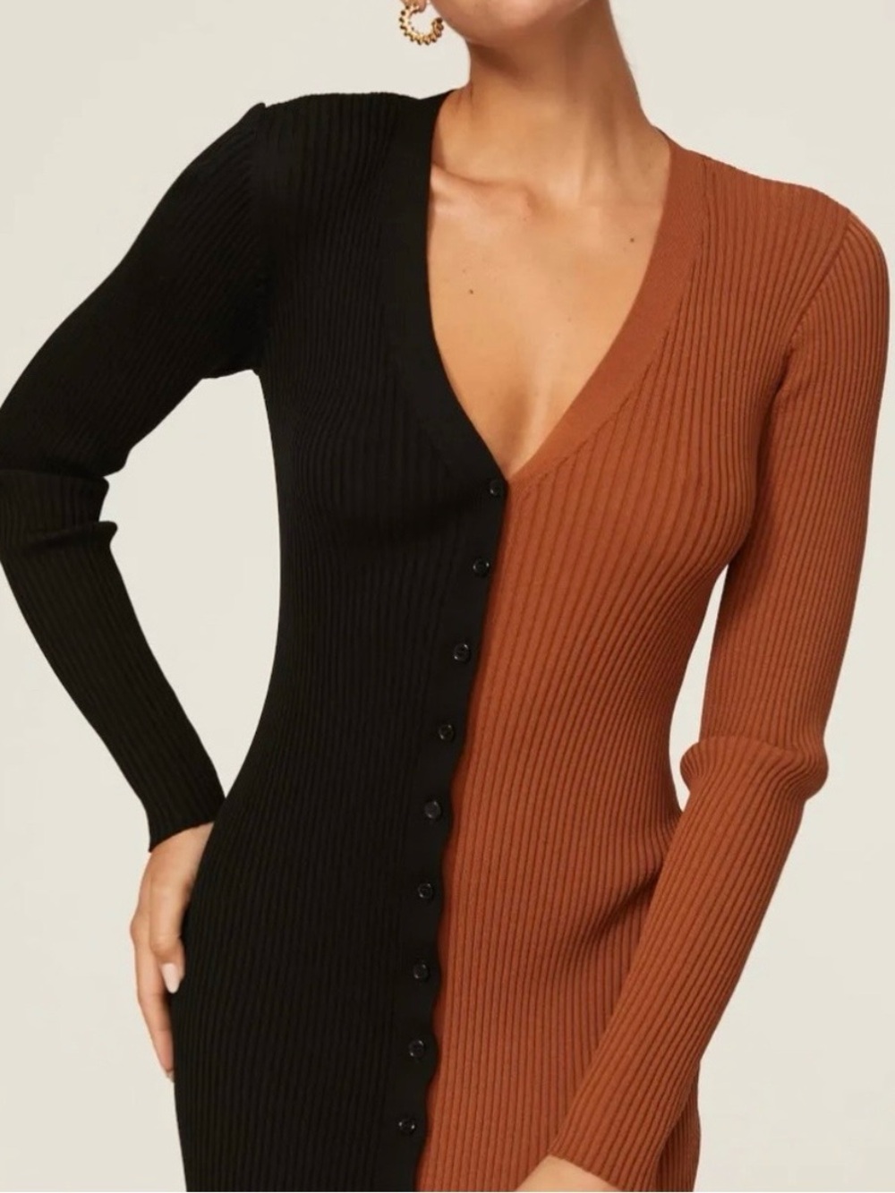 STAUD Two-Tone Ribbed V-Neck Sweater Dress in Black and Brown